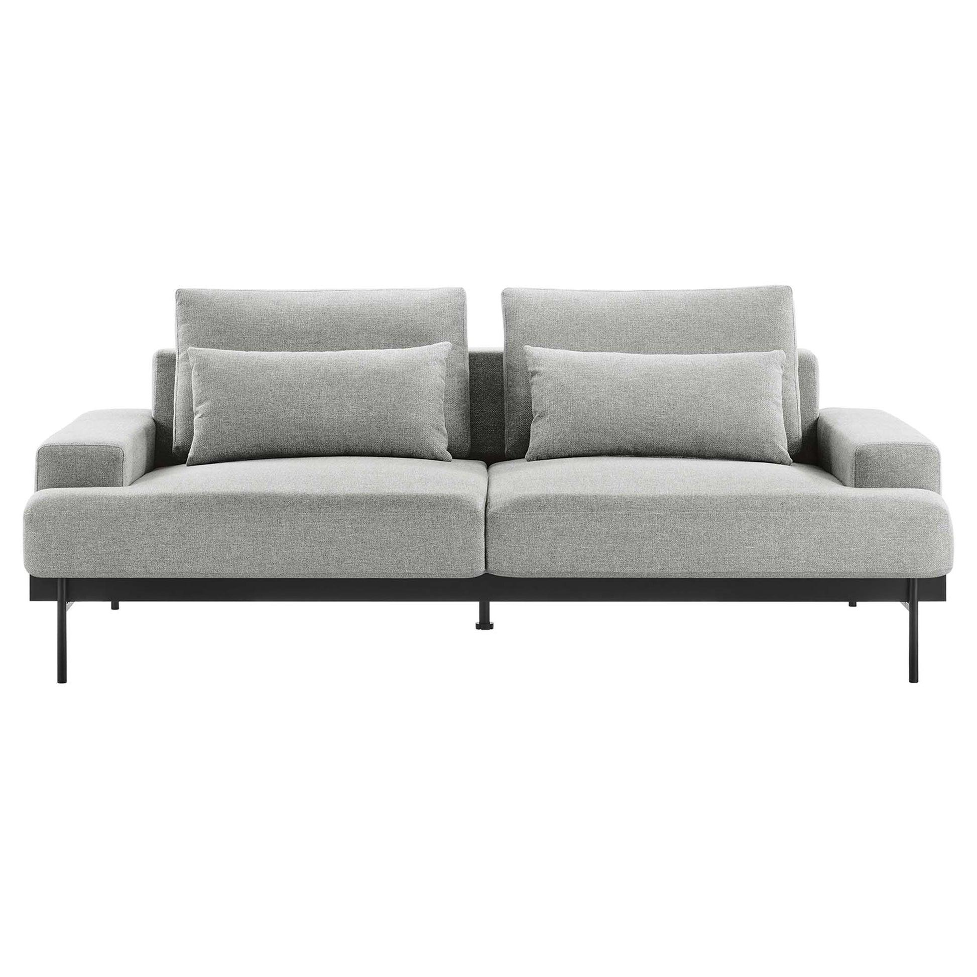 Light gray fabric sofa with slim metal legs, two-seat cushions, two back cushions and two rectangular throw pillows.