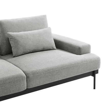 Light gray fabric sofa with rectangular cushions, a low-profile arm, and black metal legs.