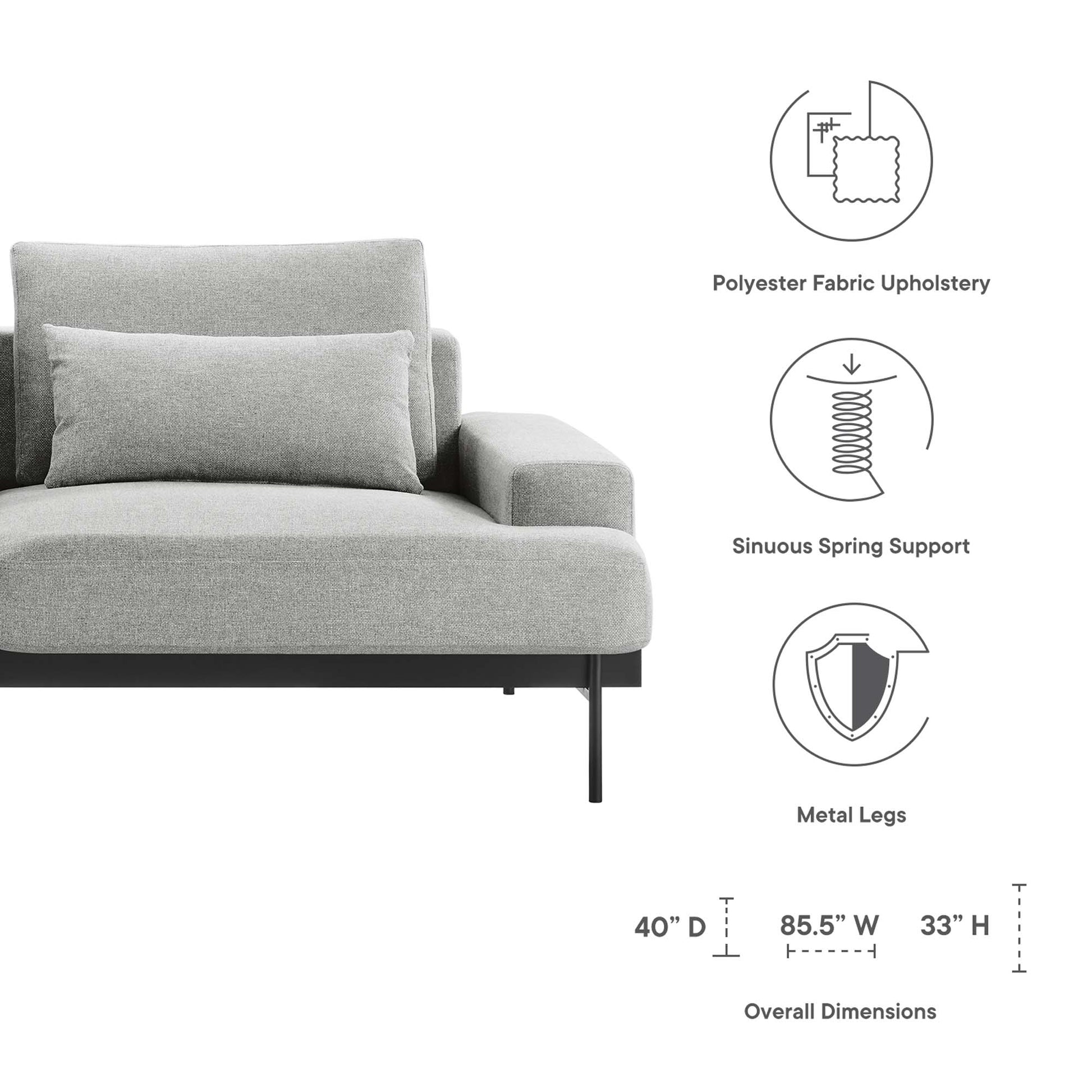Light gray polyester-upholstered sofa with cushions and slim metal legs; modern, low-profile seating.