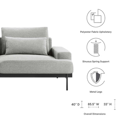 Light gray polyester-upholstered sofa with cushions and slim metal legs; modern, low-profile seating.