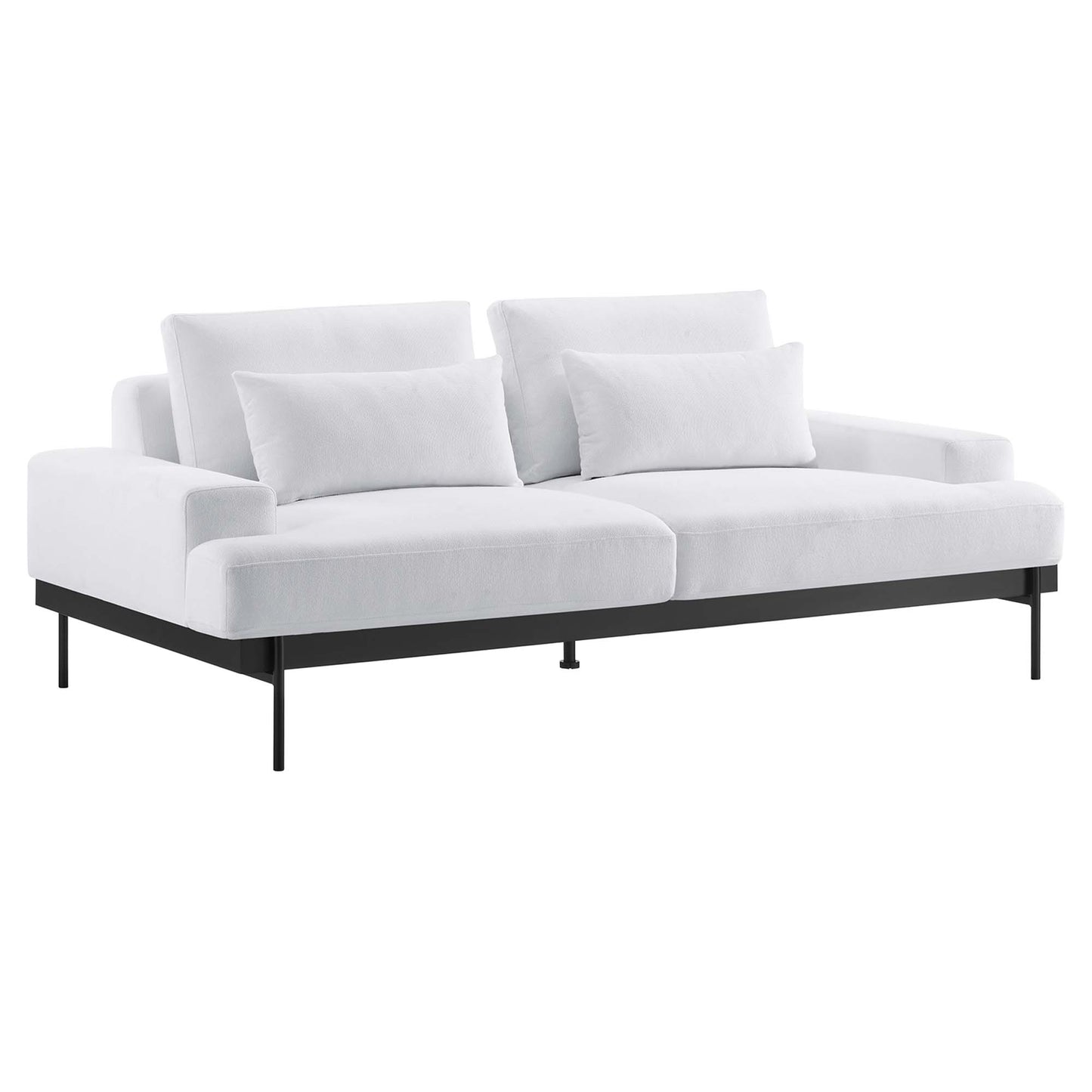 White fabric 2-seat sofa with two back cushions, two lumbar pillows & slim black metal platform base.