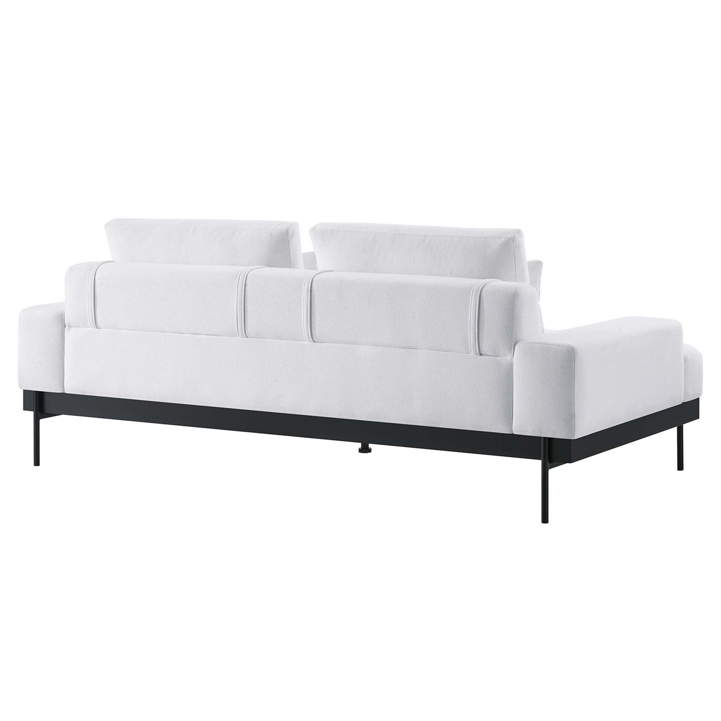 White fabric-upholstered sectional sofa with right-side chaise, squared arms, and black metal base.