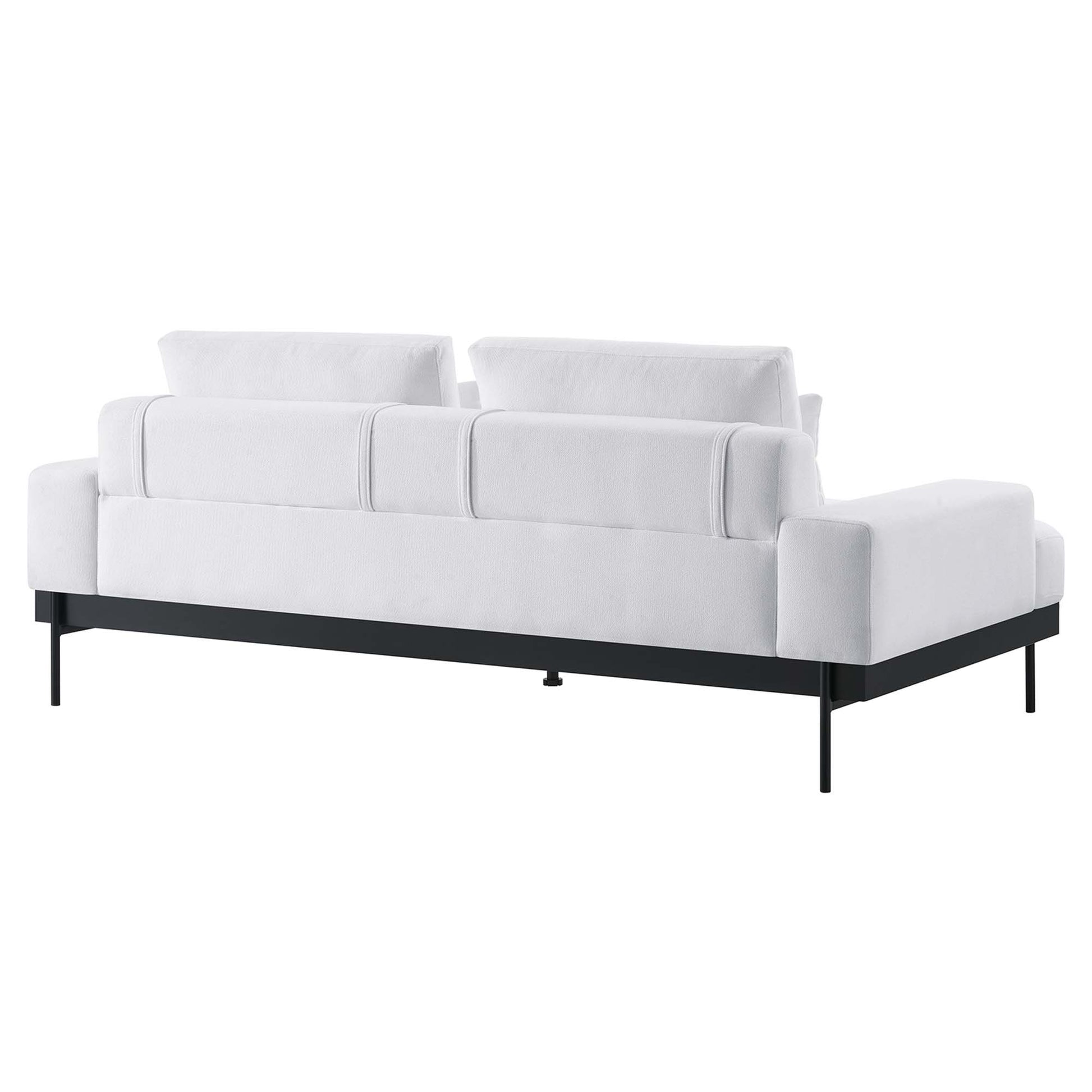 White fabric-upholstered sectional sofa with right-side chaise, squared arms, and black metal base.