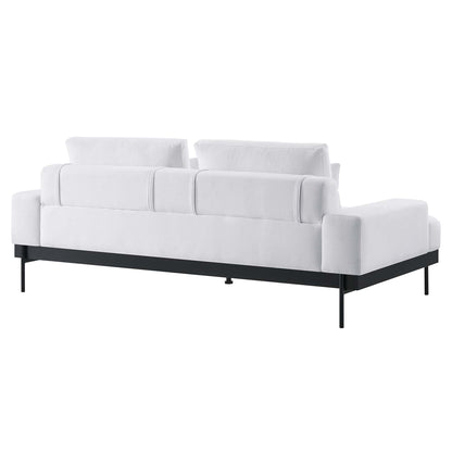 White fabric-upholstered sectional sofa with right-side chaise, squared arms, and black metal base.
