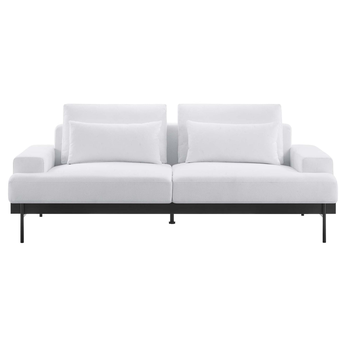 White modern 2-seat sofa with two wide seat cushions, two back cushions, square arms, and slim black metal legs.
