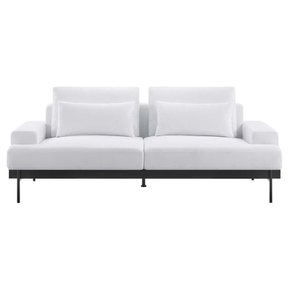 White modern 2-seat sofa with two wide seat cushions, two back cushions, square arms, and slim black metal legs.