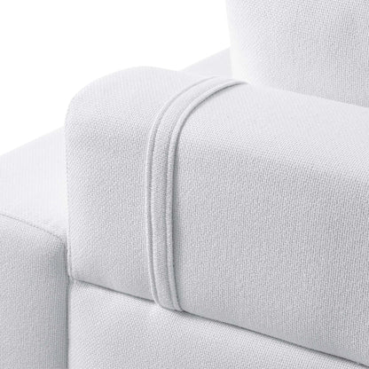 White textured boucle fabric sofa armrest with double strap wrap, modern minimalist style.