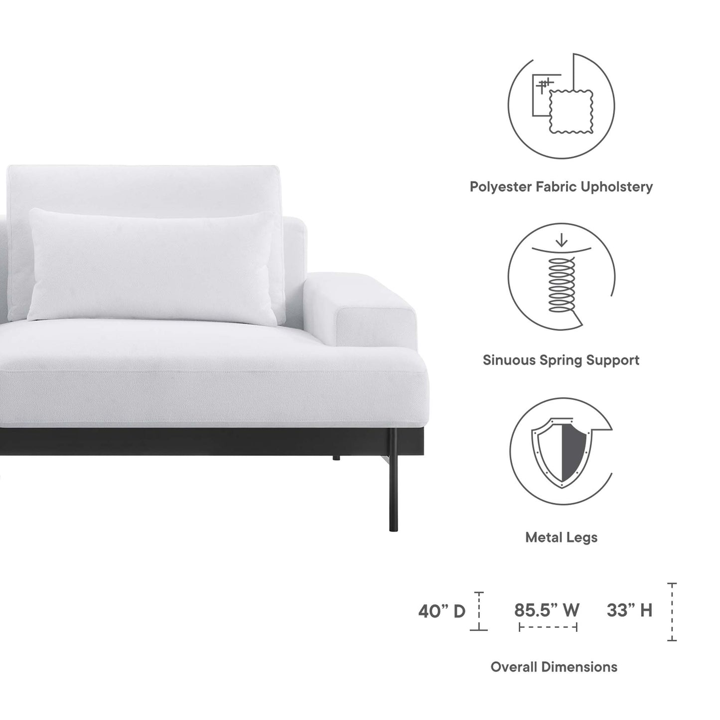 White polyester upholstered modern sofa with square arms, two back cushions, and slim metal legs.