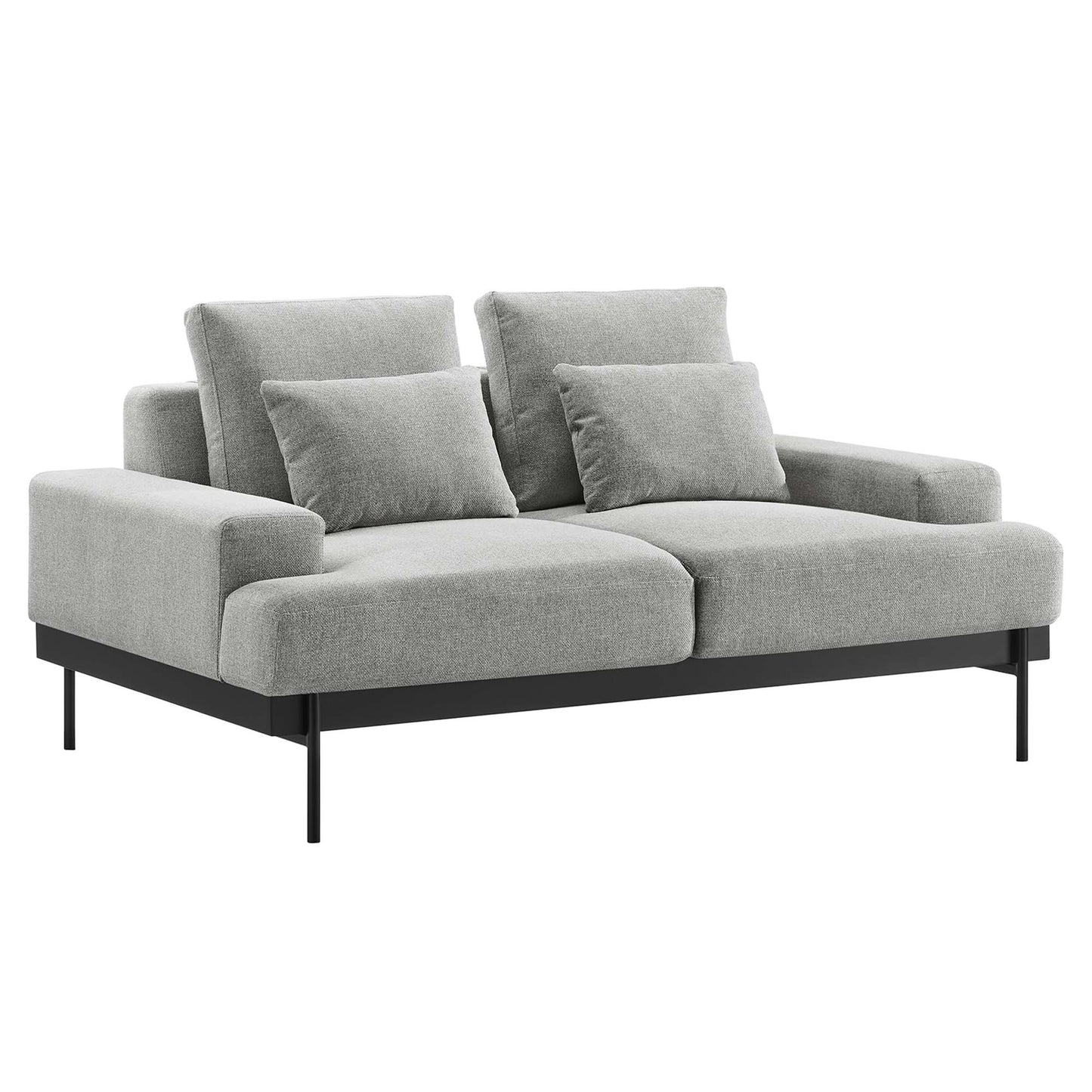 Light gray fabric loveseat with two seat cushions, two back cushions, two throw pillows, and a slim black metal frame.