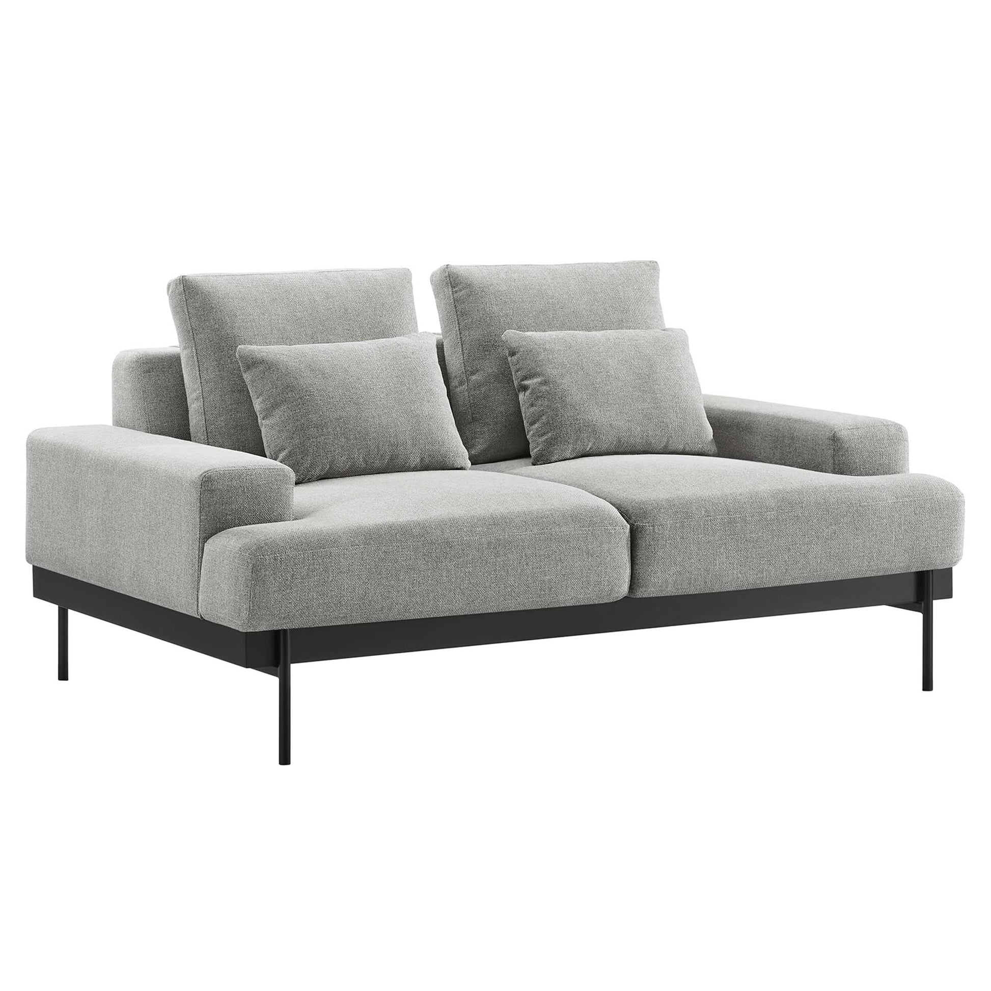 Light gray fabric loveseat with two seat cushions, two back cushions, two throw pillows, and a slim black metal frame.