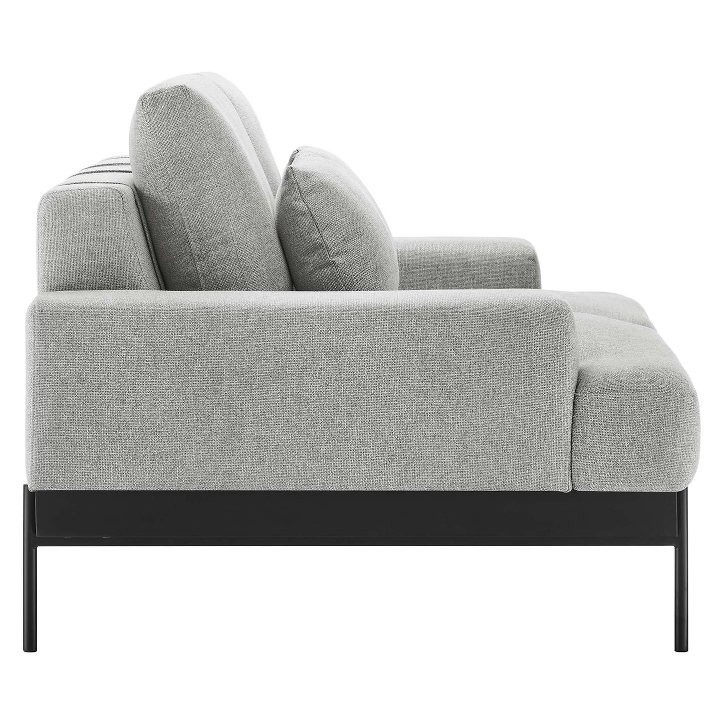 Light gray fabric loveseat with black metal legs, mid-century style, low arms and two plush back cushions.