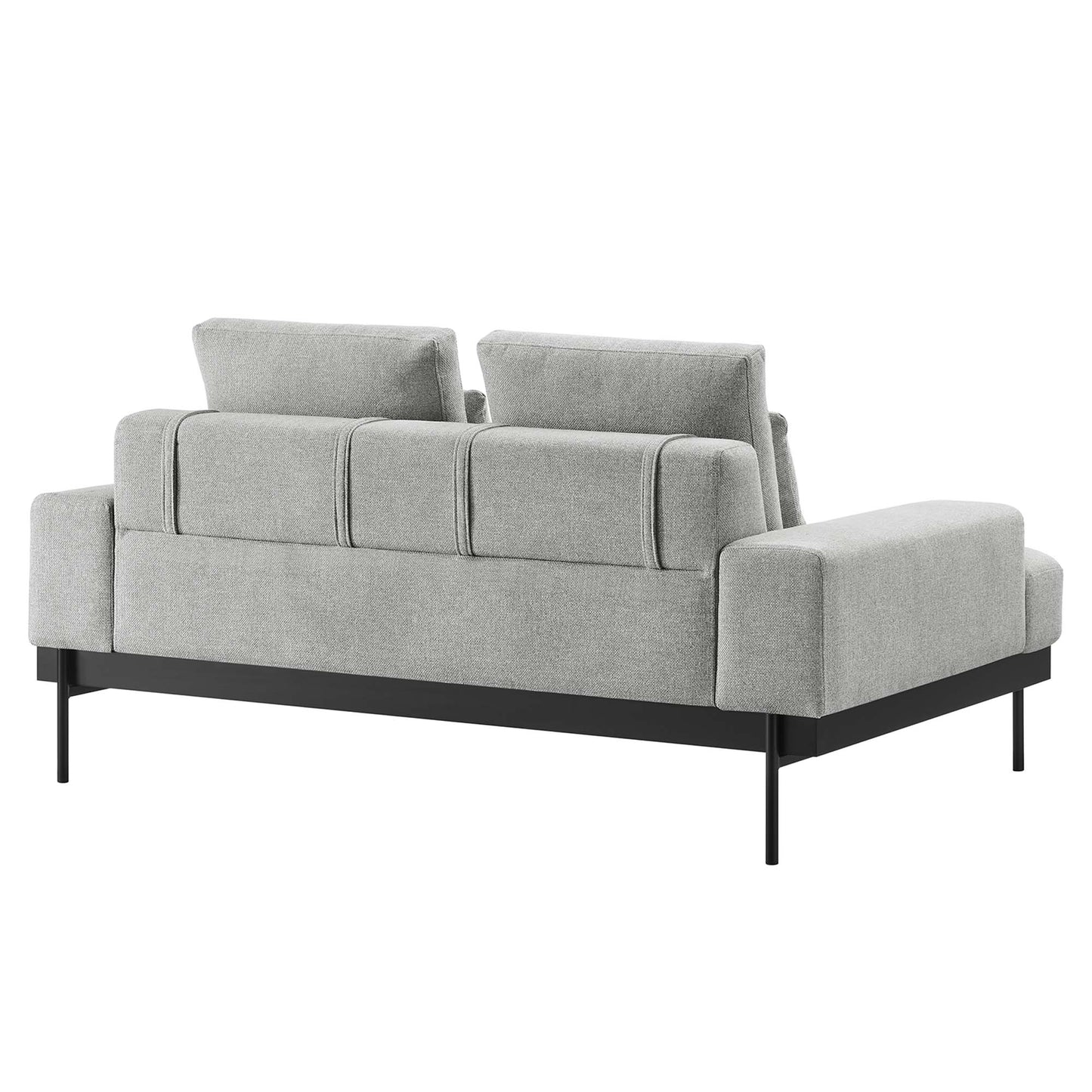 Light gray fabric loveseat with black metal legs.