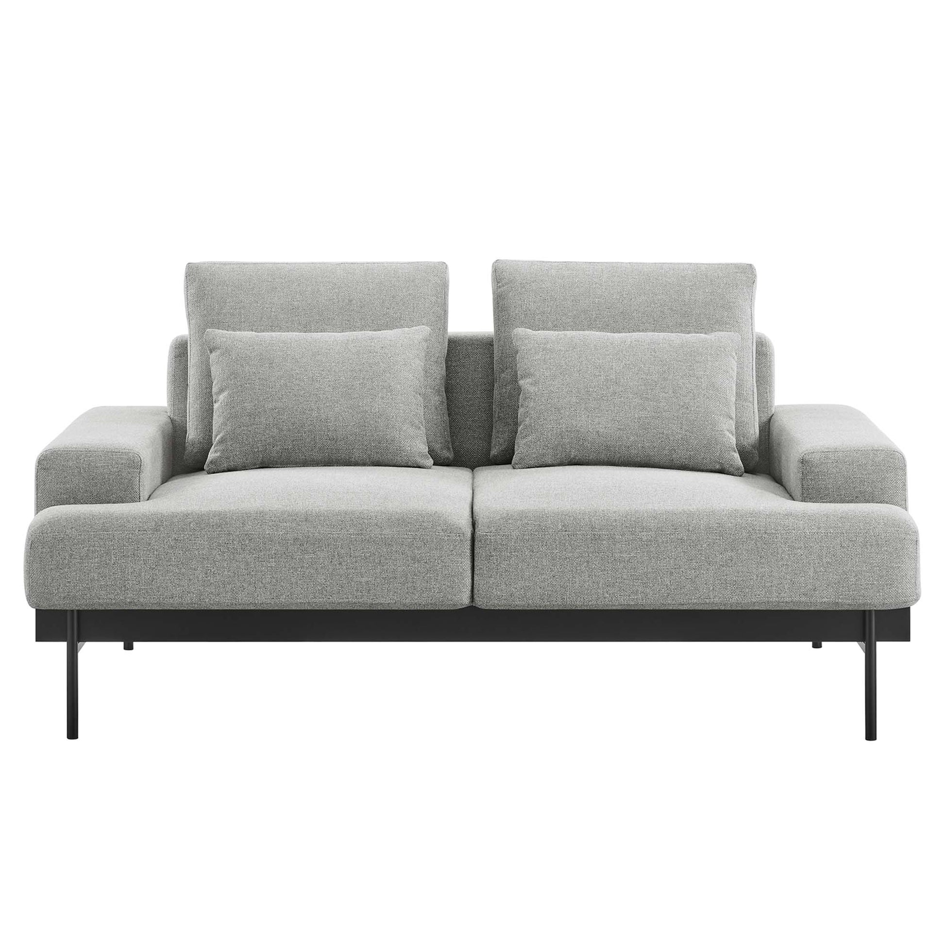 Light grey fabric 2-seater sofa with slim black metal legs, two back cushions and matching throw pillows.