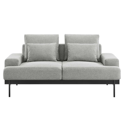 Light grey fabric 2-seater sofa with slim black metal legs, two back cushions and matching throw pillows.