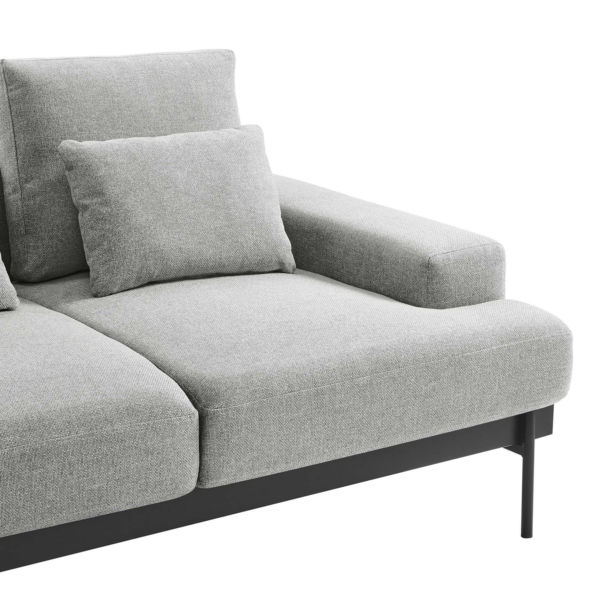 Light gray fabric loveseat with two cushions and slim black metal legs.