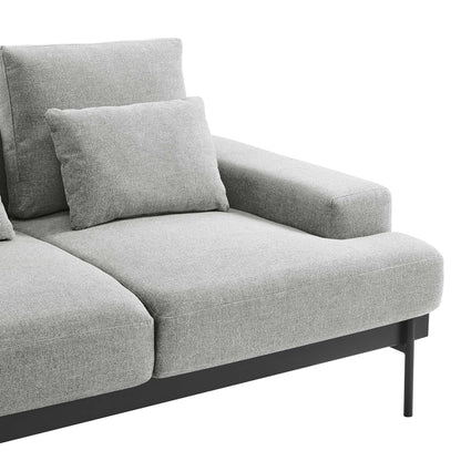 Light gray fabric loveseat with two cushions and slim black metal legs.