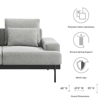 Light gray upholstered fabric loveseat with slim metal legs; modern style, sinuous spring support.
