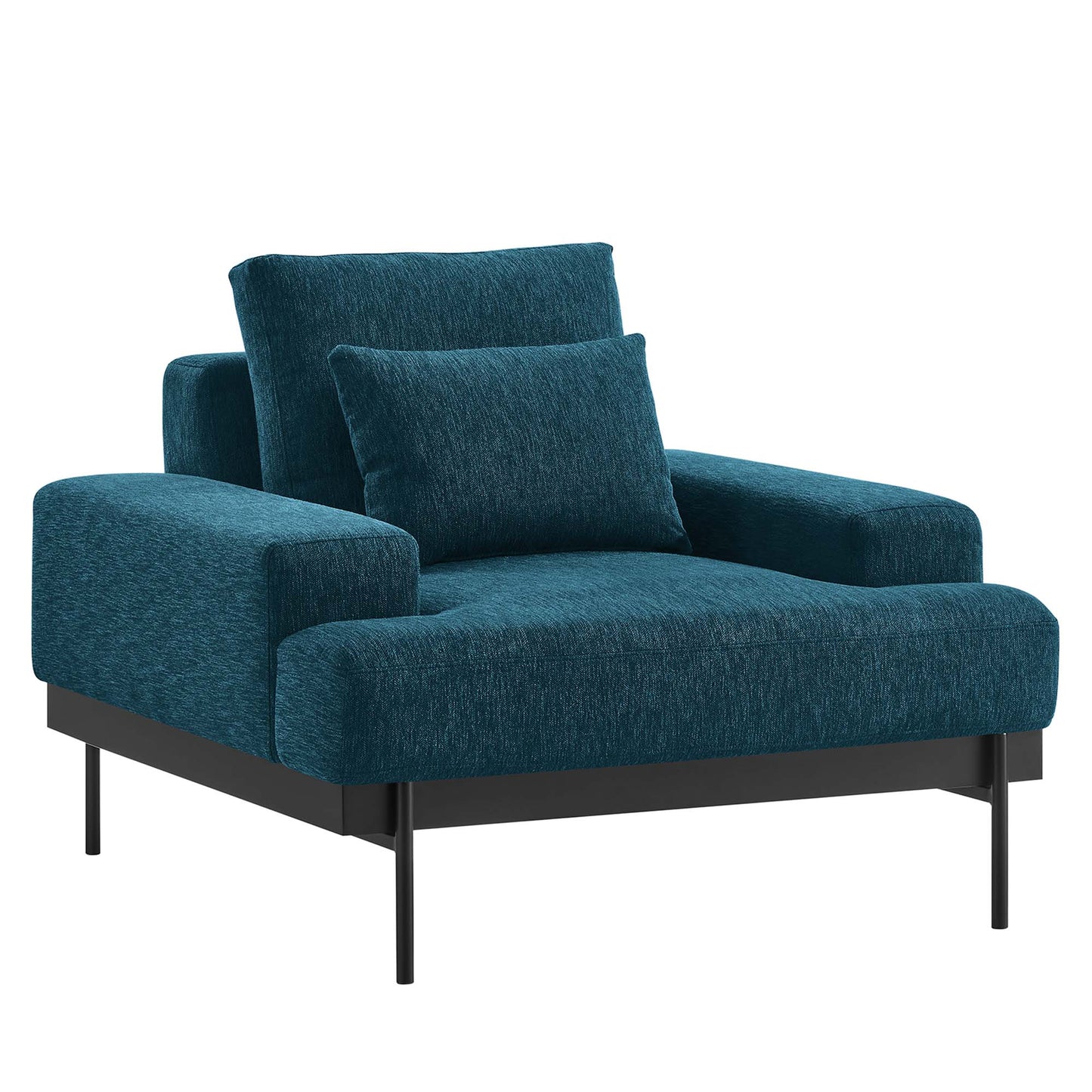 Azure fabric armchair with square cushions & black metal legs, modern low-profile design.
