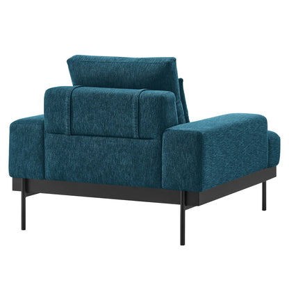 Azure upholstered fabric armchair with wide arms, tall back, and slim black metal legs.