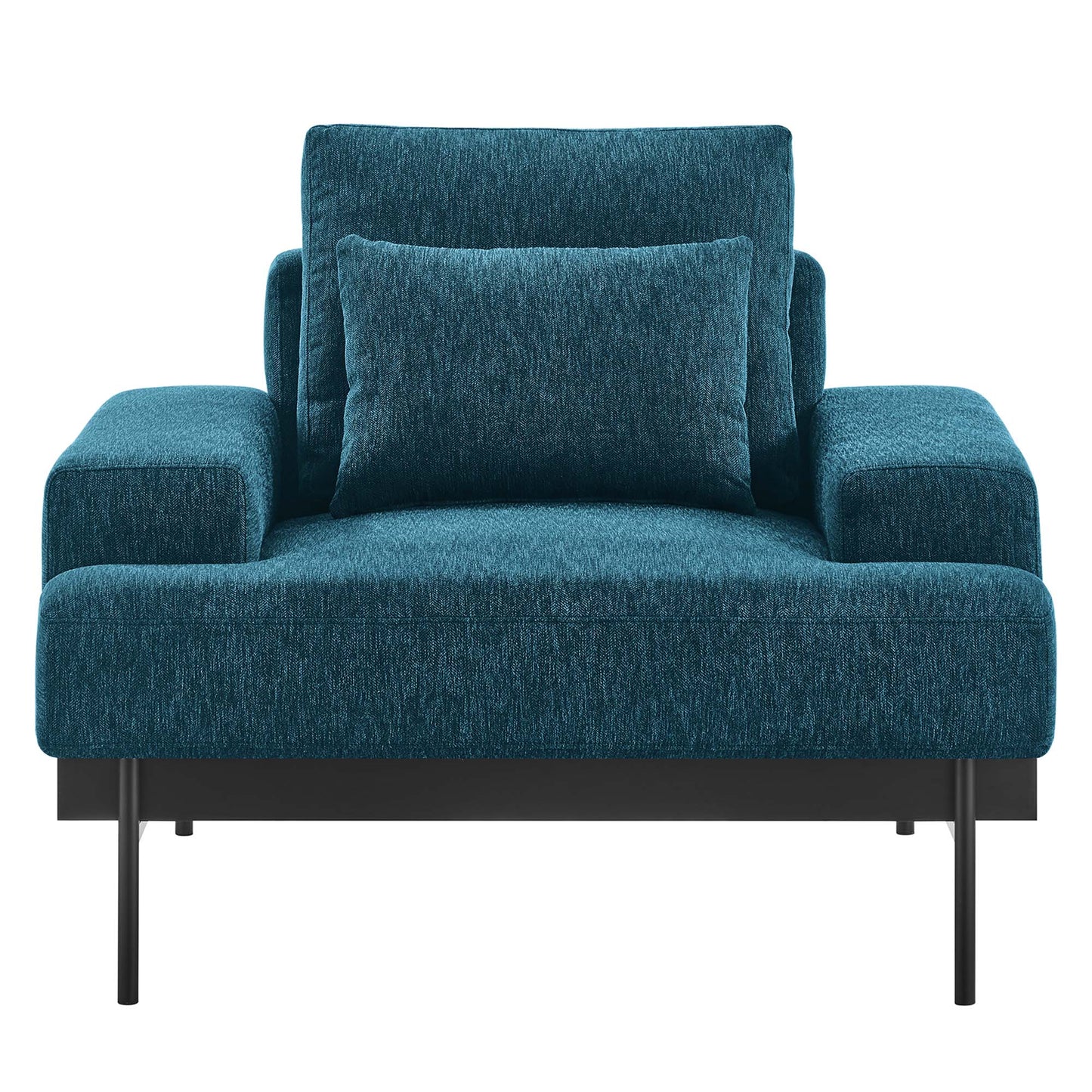 Azure fabric upholstered modern armchair with thick seat and back cushions, square armrests, black metal legs.