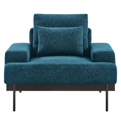 Azure fabric upholstered modern armchair with thick seat and back cushions, square armrests, black metal legs.