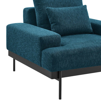 Azure textured upholstered fabric armchair with square arms, back cushion, and slim black metal legs; modern mid-century style.