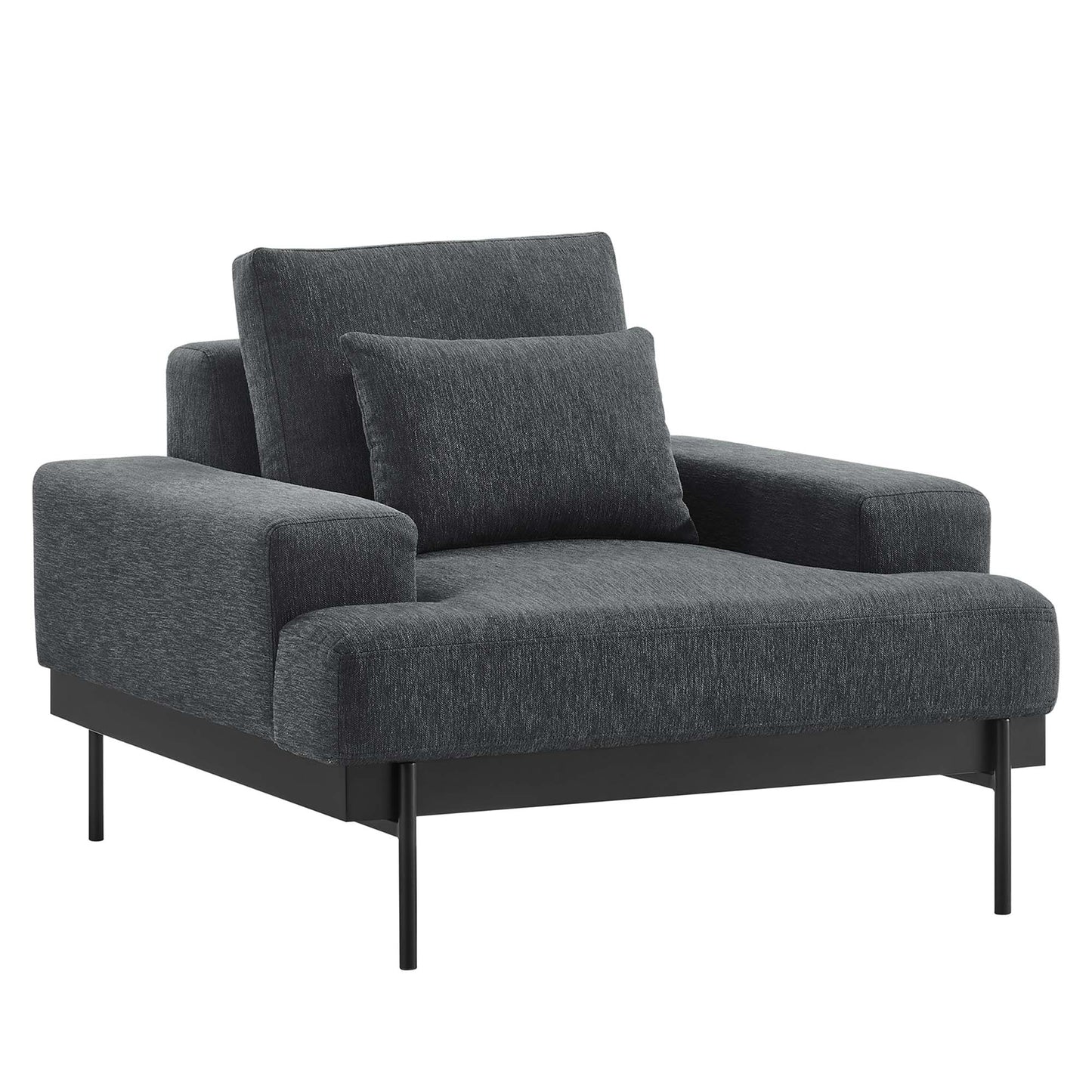 Charcoal gray fabric armchair with square arms, slim black metal legs, a tall back cushion and a matching lumbar pillow.