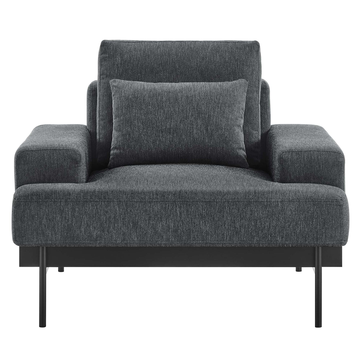 Charcoal gray textured fabric accent chair with square arms, slim black metal legs & a back cushion with a lumbar pillow.