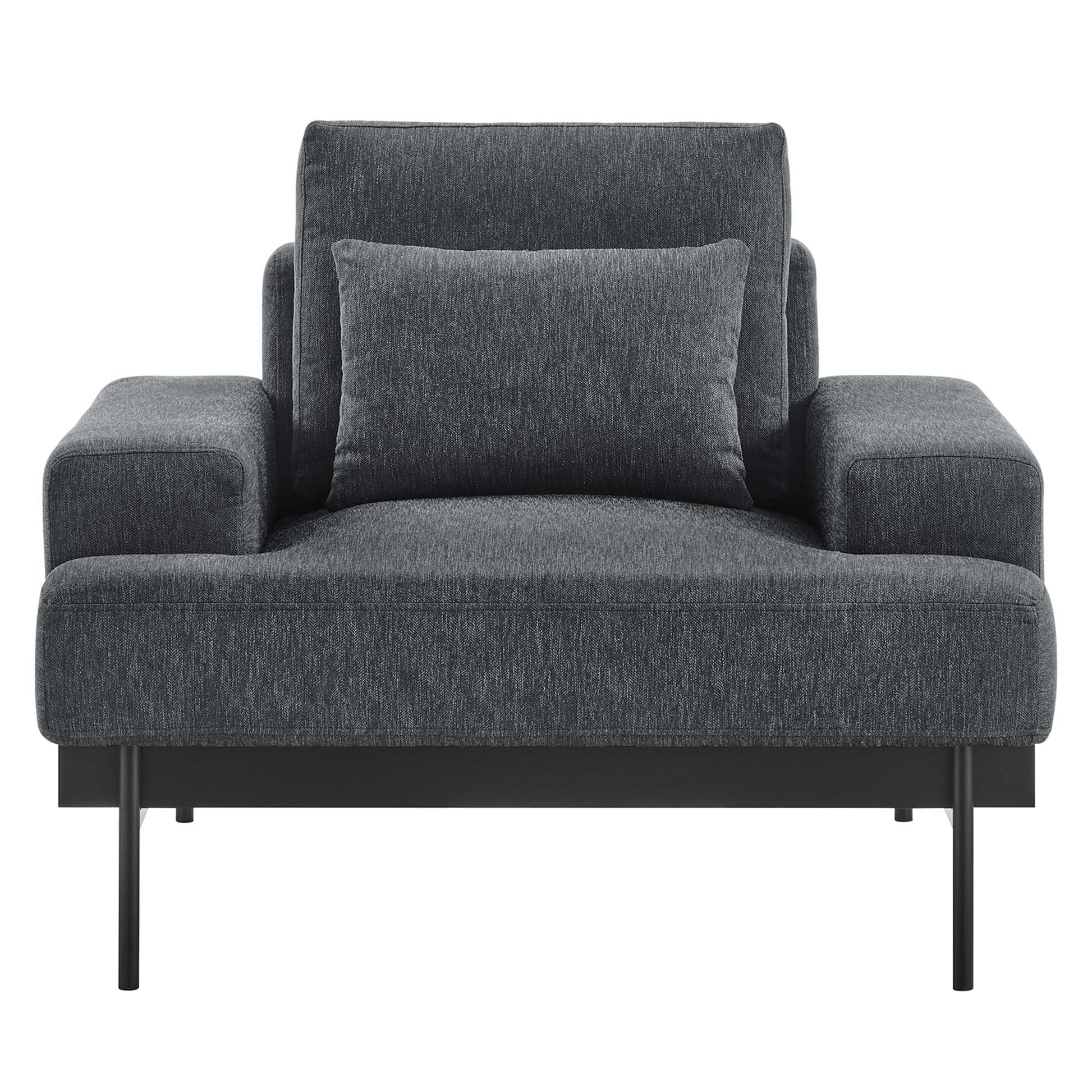 Charcoal gray textured fabric accent chair with square arms, slim black metal legs & a back cushion with a lumbar pillow.