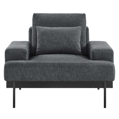 Charcoal gray textured fabric accent chair with square arms, slim black metal legs & a back cushion with a lumbar pillow.