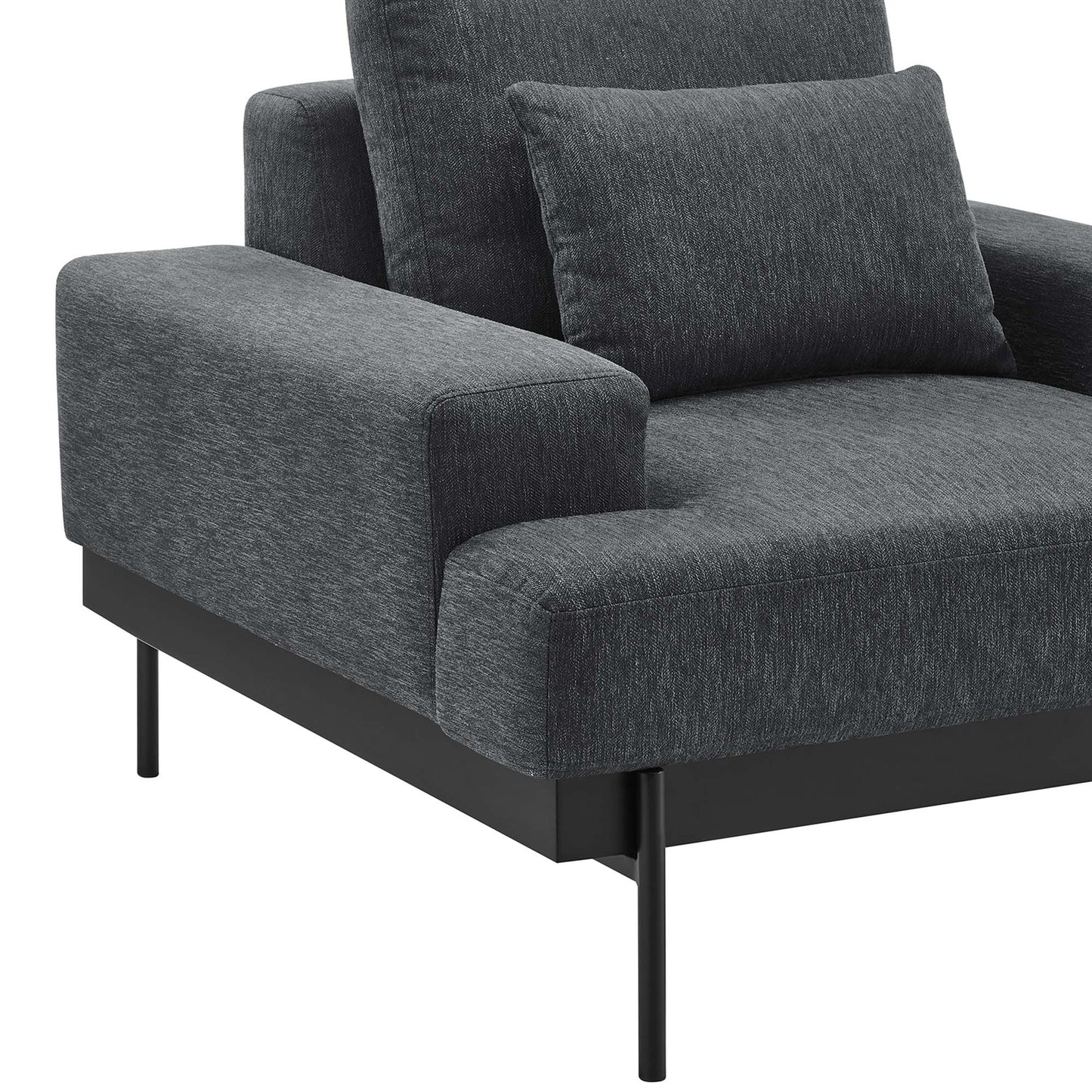 Charcoal gray fabric armchair with square arms, cushioned seat and back, black metal legs, modern design.