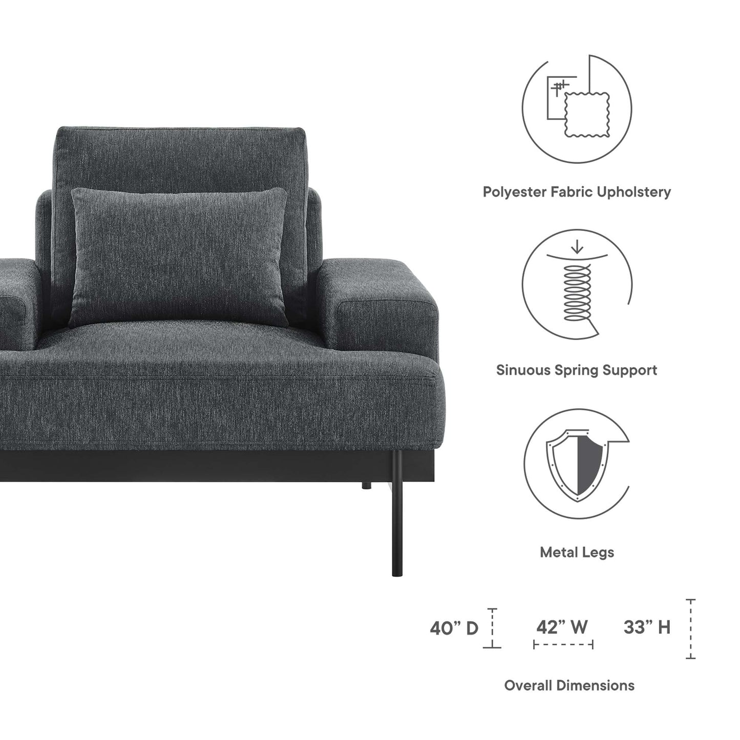 Charcoal gray armchair with polyester upholstery, plush back cushion and armrests, metal legs; 42W x 40D x 33H.