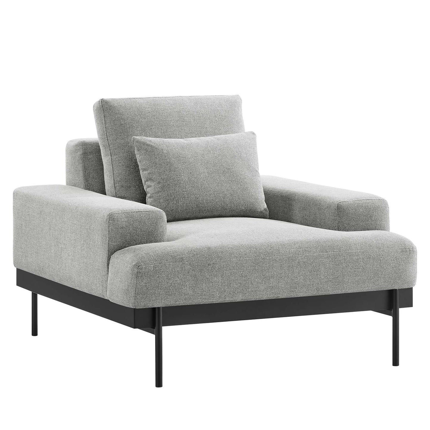 Grey upholstered fabric armchair with low black metal legs and a matching throw pillow.
