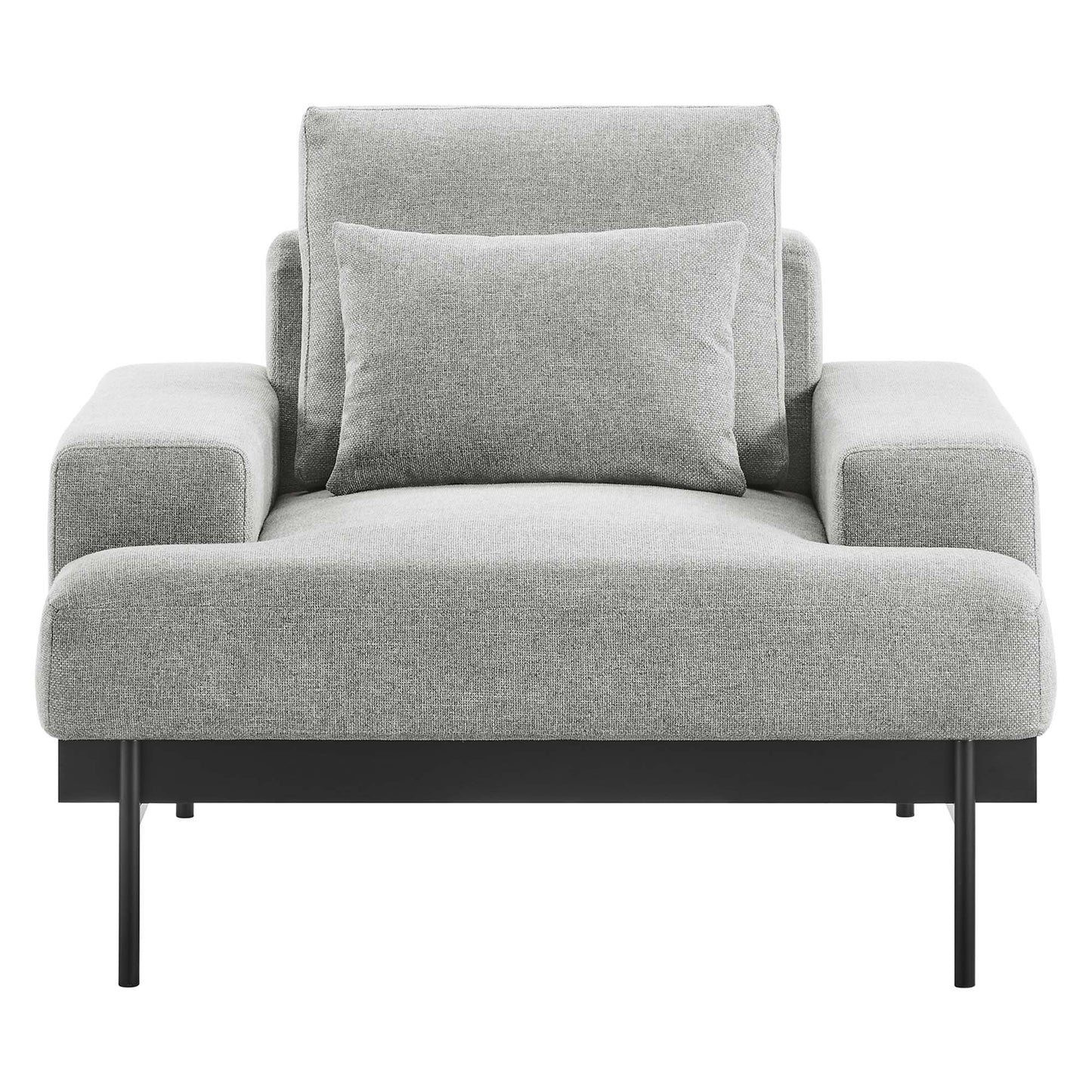 Light gray modern fabric armchair with square arms, cushioned back and seat, and a matching lumbar pillow on slim metal legs.