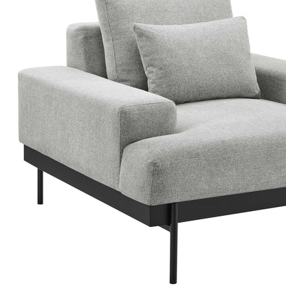 Light gray fabric armchair with square arms, slim black metal legs, and a matching back cushion.