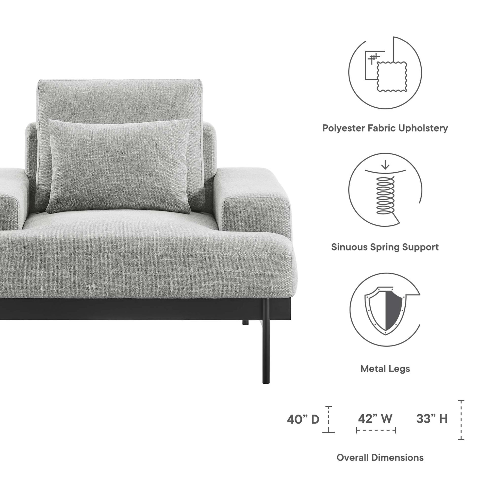 EEI-6216-LGR light gray polyester upholstered armchair with metal legs, 42W x 33H x 40D