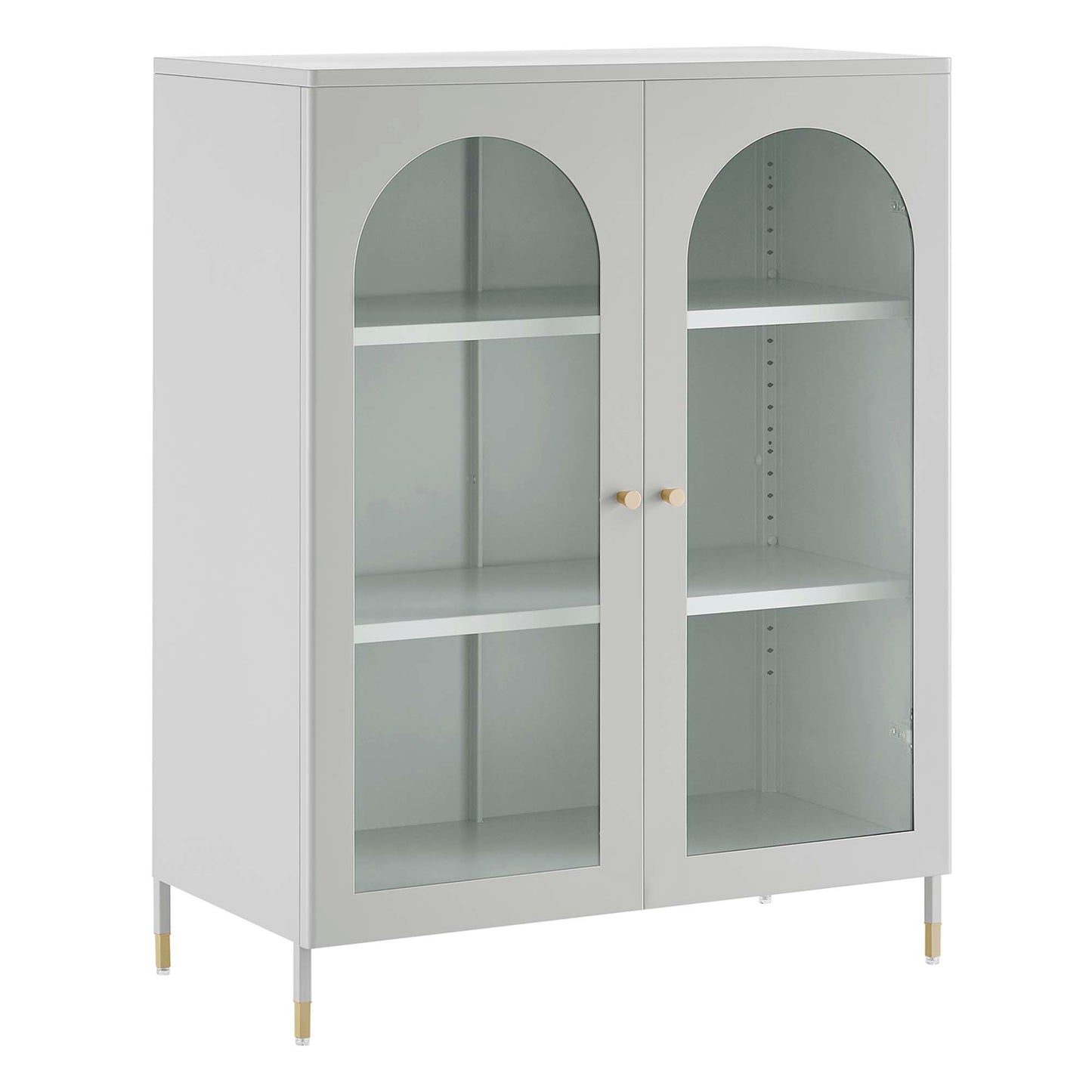 Light gray display cabinet with arched glass doors, white interior shelves, wooden knobs, brass-tipped legs.