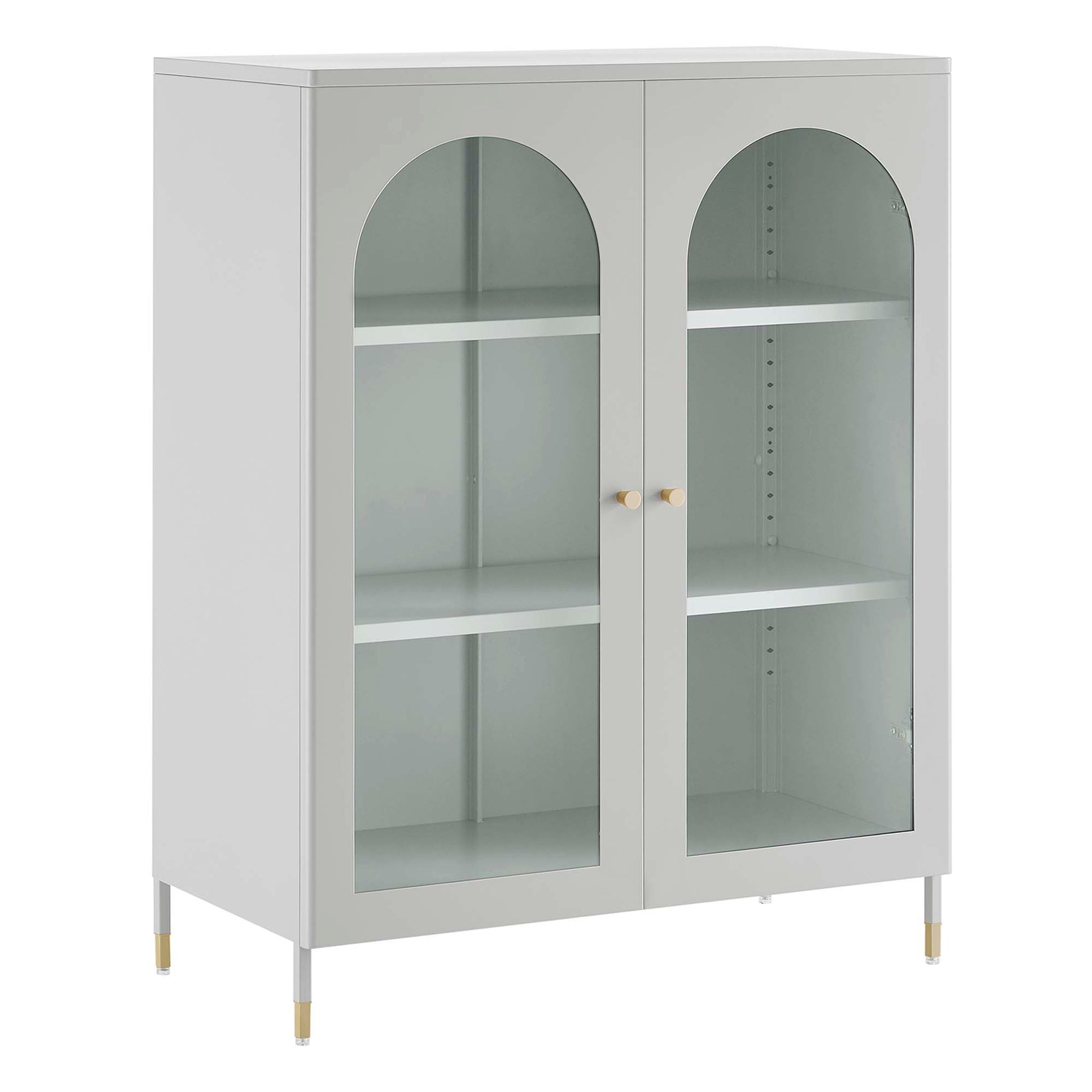Light gray display cabinet with arched glass doors, white interior shelves, wooden knobs, brass-tipped legs.