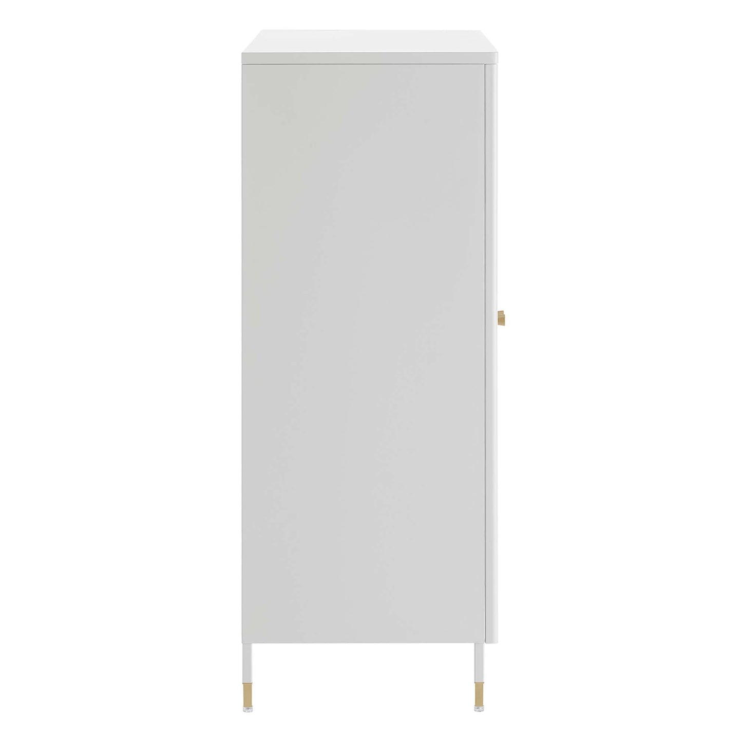 Tall light gray freestanding cabinet with one door, slim rectangular form, brass-tipped legs and a small knob.