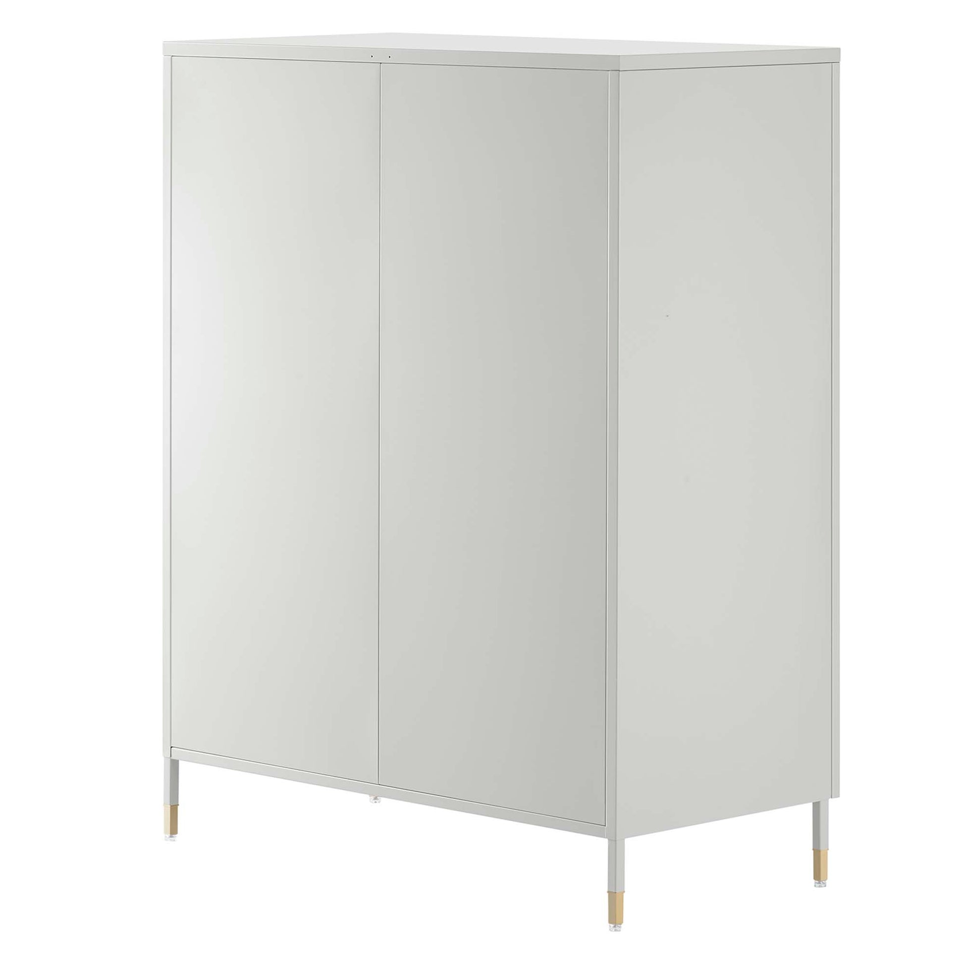 Light gray two-door cabinet with metal frame & slim legs with wood tips, modern minimalist storage.