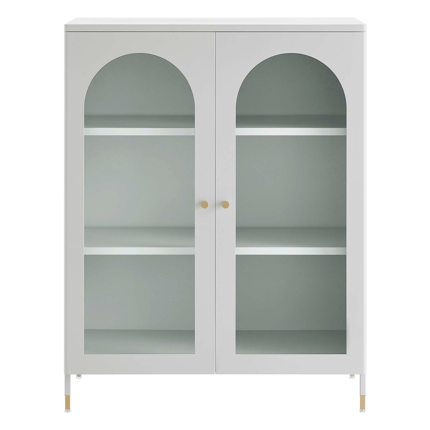 Light gray archway accent cabinet with two arched glass doors, gray interior, two shelves, gold knobs and slim gold legs.