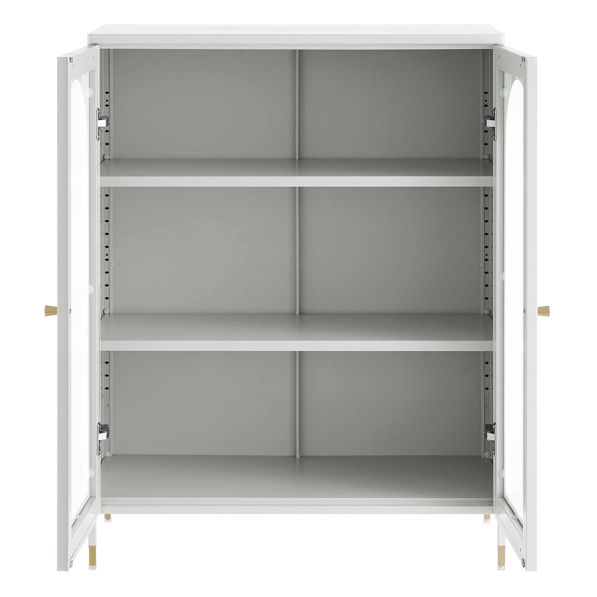Light gray cabinet with two doors open, gray interior, three adjustable shelves, brass feet.