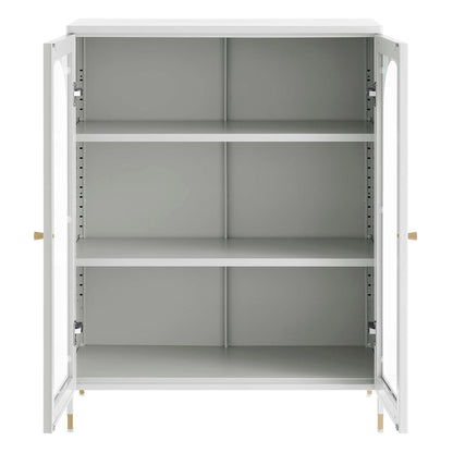 Light gray cabinet with two doors open, gray interior, three adjustable shelves, brass feet.