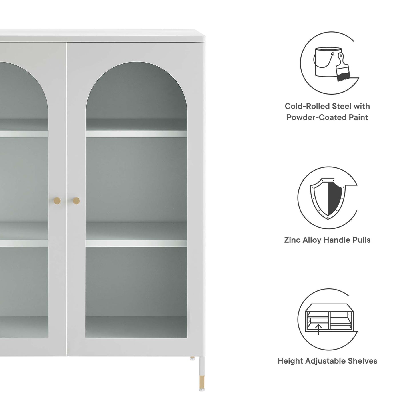 Light gray two-door glass-front cabinet with arched windows, gold knobs, and internal adjustable shelves.