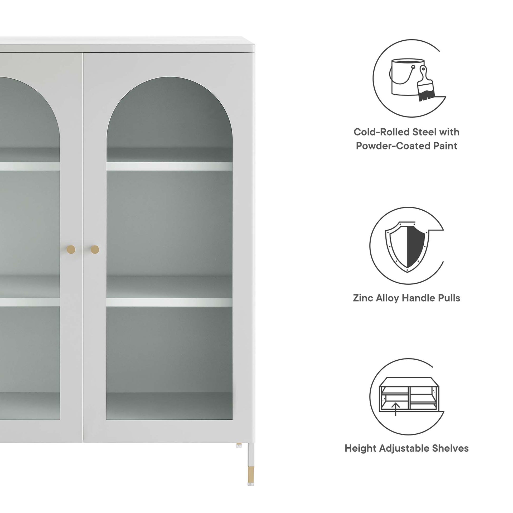 Light gray two-door glass-front cabinet with arched windows, gold knobs, and internal adjustable shelves.