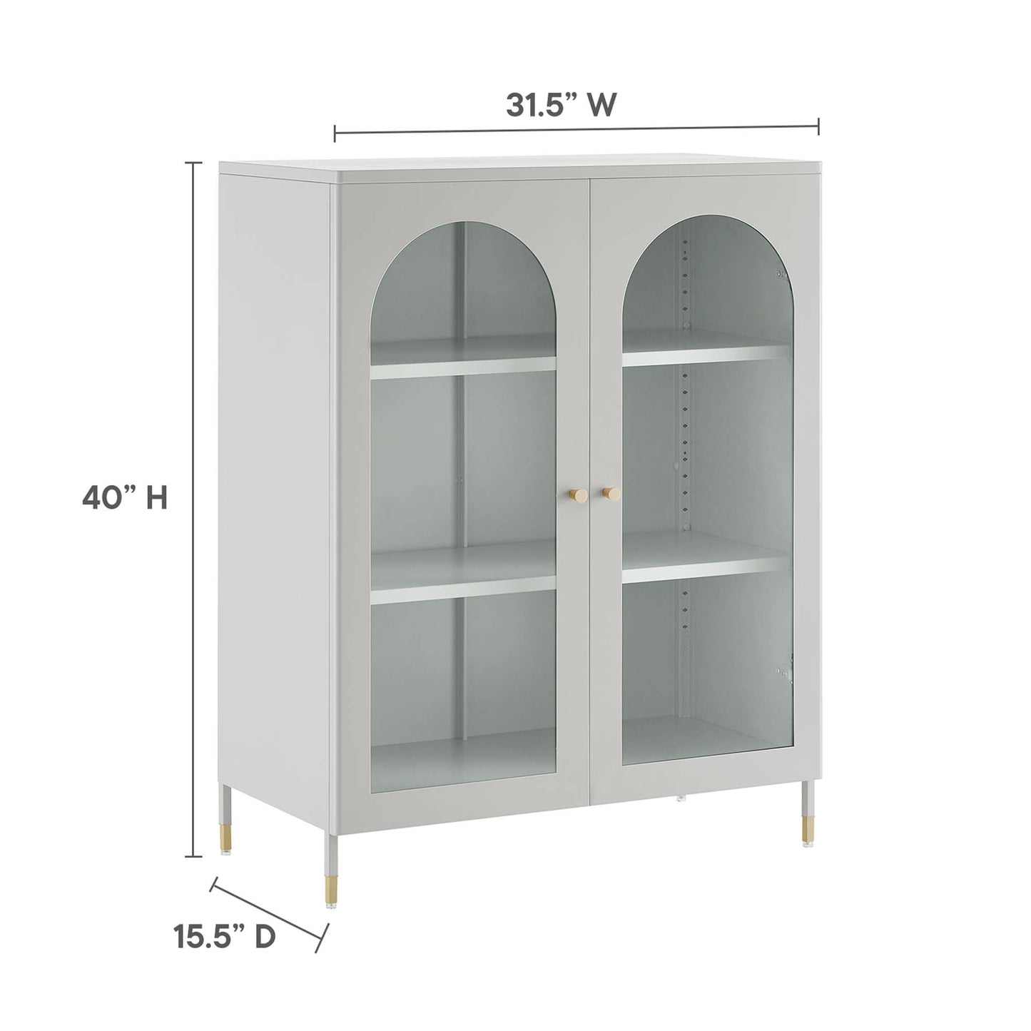 Light gray cabinet with two glass doors, arched top panels, interior shelves, brass legs, 31.5W x 40H x 15.5D.