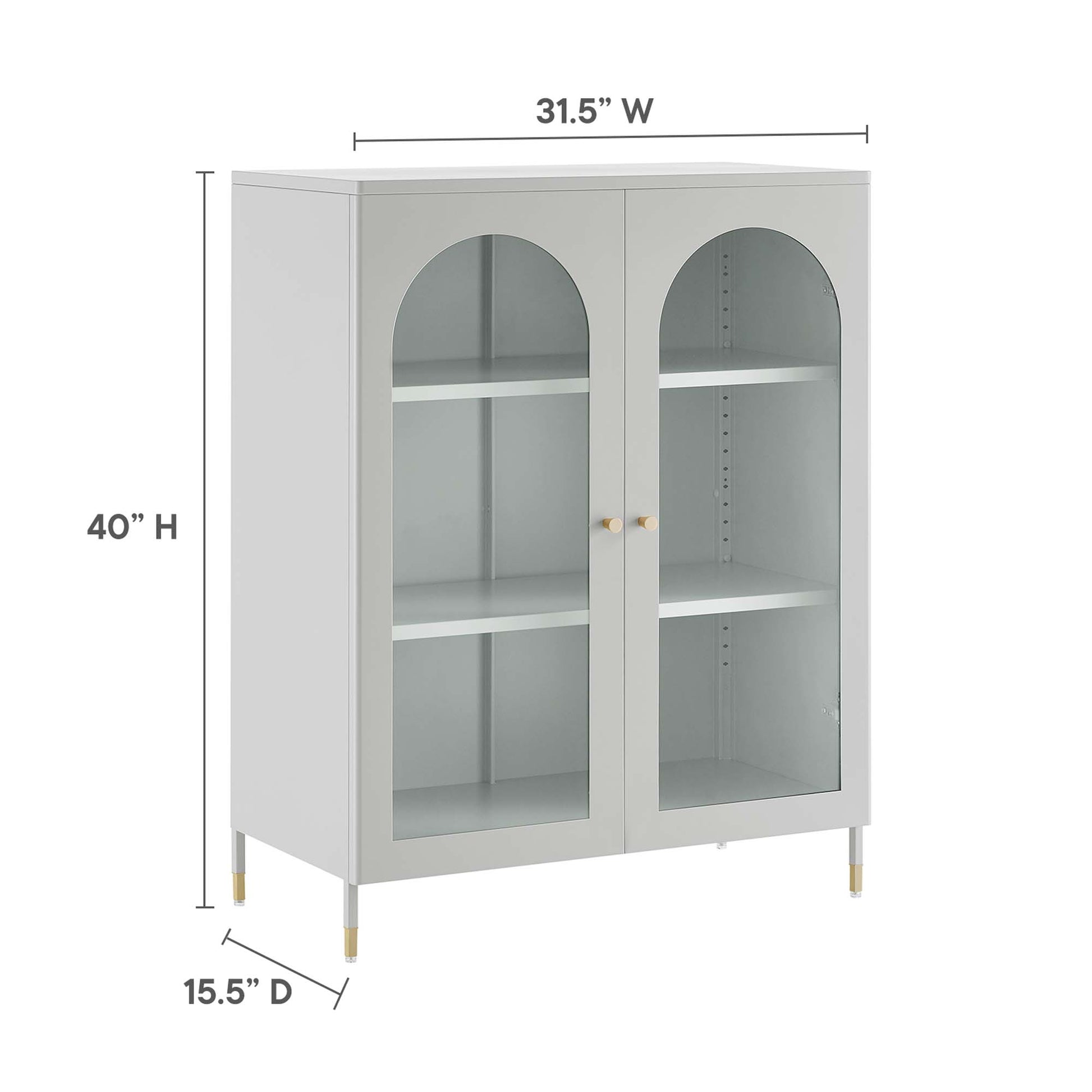 Light gray cabinet with two glass doors, arched top panels, interior shelves, brass legs, 31.5W x 40H x 15.5D.