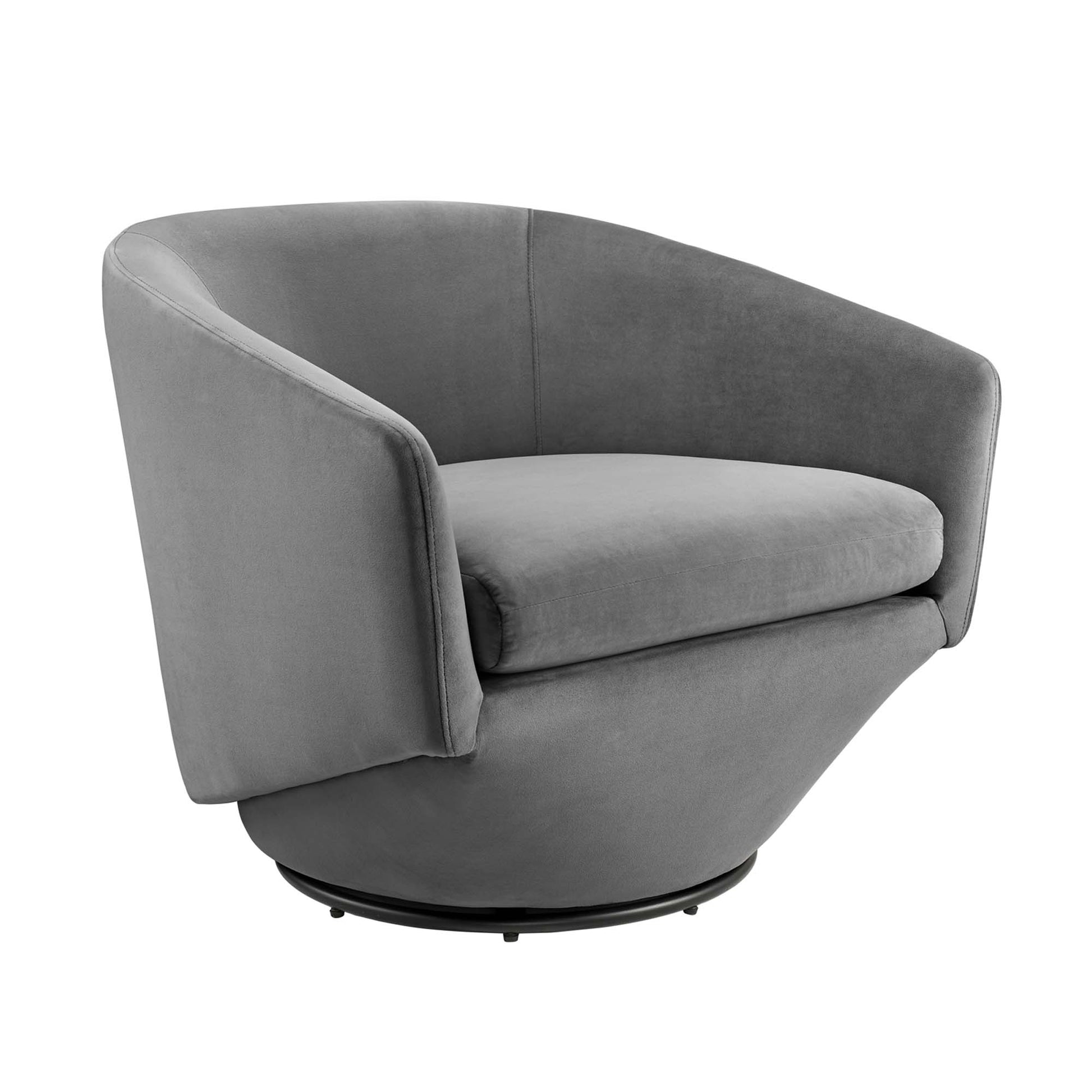 Grey fabric swivel accent chair with curved back, rounded arms and padded cushion on a round pedestal base.