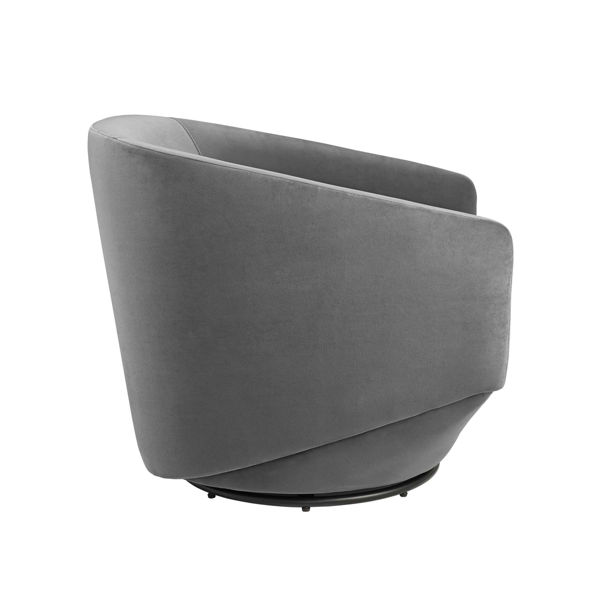 Gray fabric upholstered swivel lounge chair with rounded back and arms on a circular base.