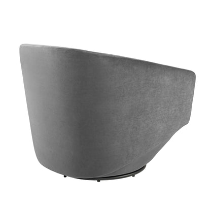 Gray velvet swivel chair with a curved back and circular pedestal base.